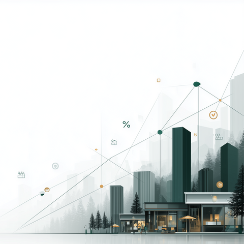 Modern cityscape with buildings and trees, overlaid with abstract lines and numbers.